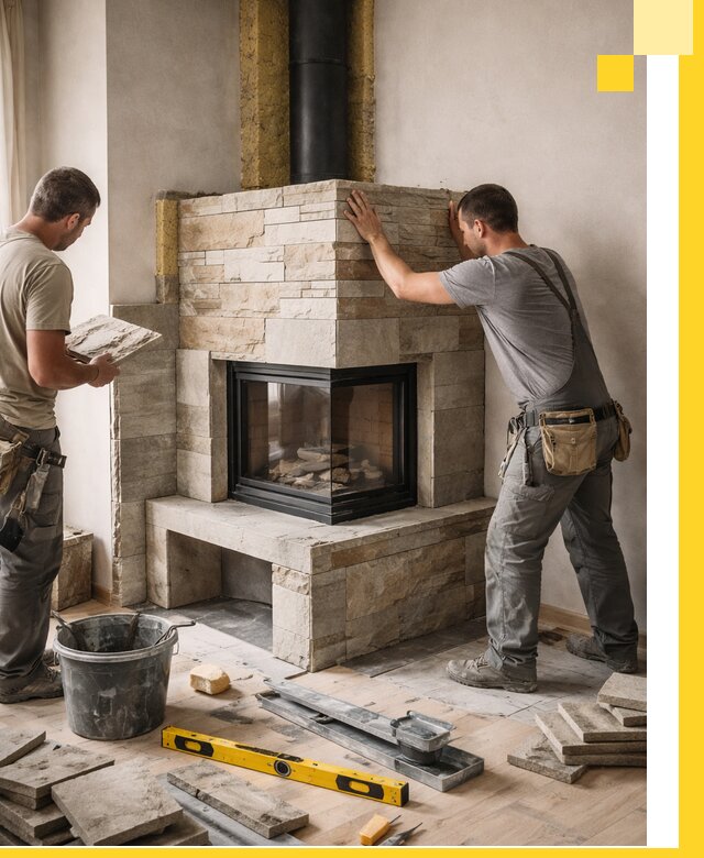 Угловые камины под ключ проект, монтаж и отделка в Чапаевске