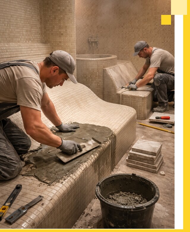 Лежаки для хамама под ключ в Чапаевске, проект и монтаж